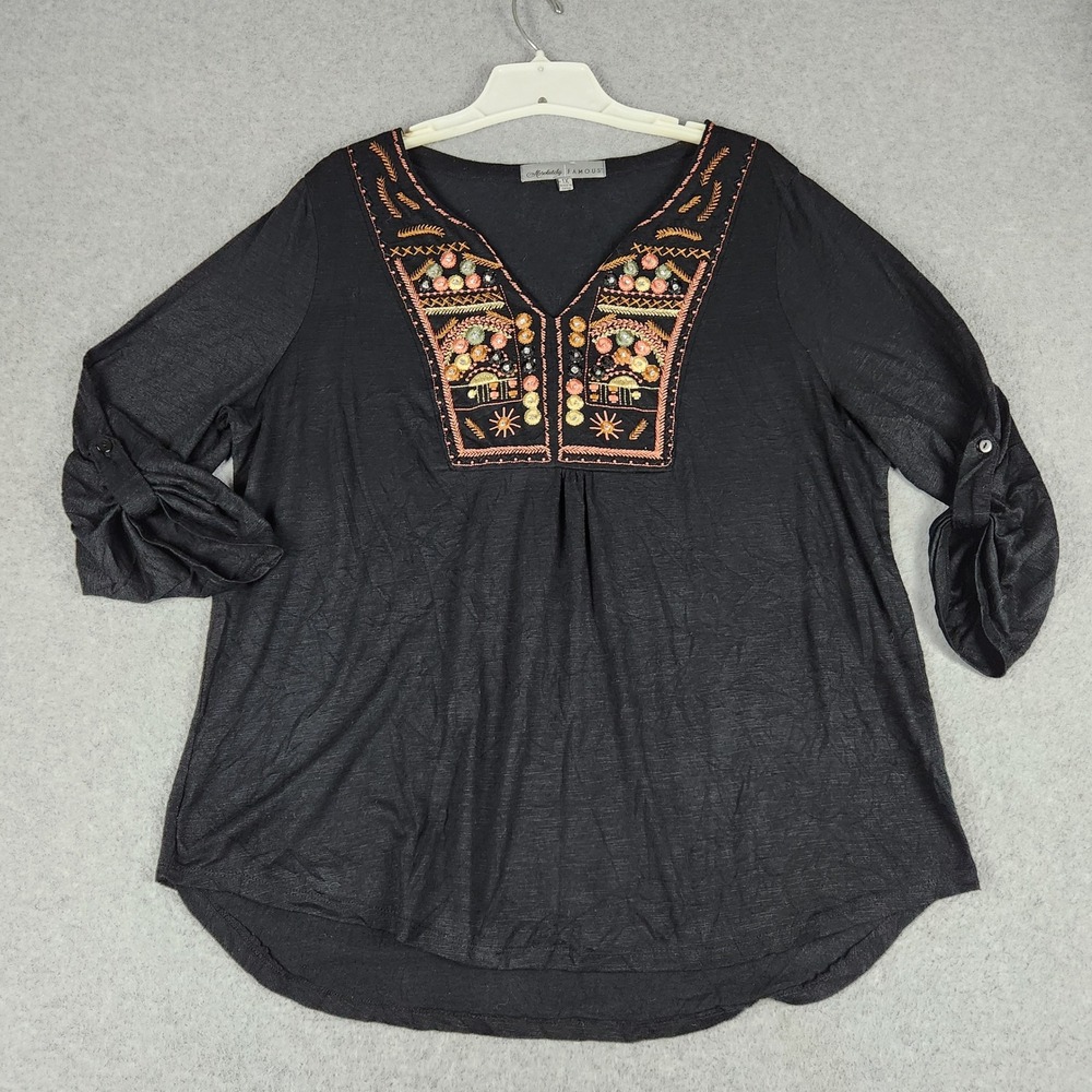 Absolutely Famous Blouse Top Womens 1X Black Embroidered V-Neck Roll-Tab Sleeve